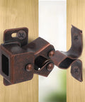 Ten Sets Of Cabinet Door Locks, Double Roller Catch Latches, iron construction, displaying secure locking on wooden door