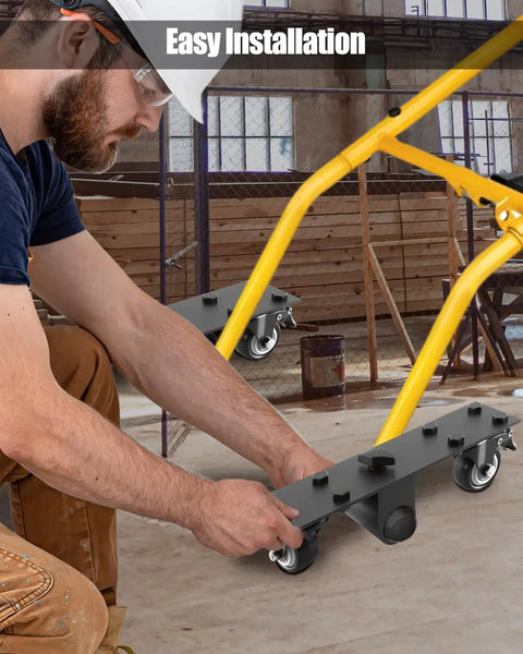 Man installing Rolling Caster Kit For Miter Saw Stand DWX726 Heavy Duty Steel Wheels With Brake Lock in workshop
