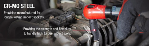 Mechanic using one quarter inch drive deep magnetic impact socket set with Cr-Mo steel for high torque on engine part