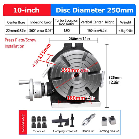 Dual Hand Manual Rotary Indexing Table For Milling Machines 10 Inch 250mm Tailstock Plate With 360 Degree Scale Vernier Ring And Clamping Pro Grade diagram