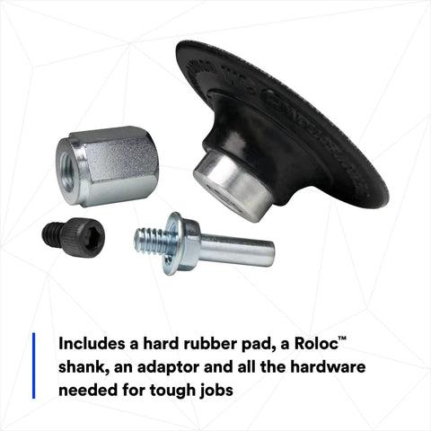 Durable 2 Inch Quick Change Disc Pad Assembly For Roloc Abrasives showing hard rubber pad, adapter, and mounting hardware.
