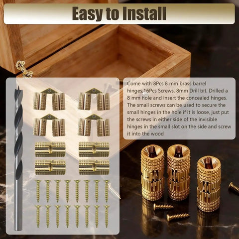 Eight Pack 8mm Hidden Brass Barrel Hinges with 8mm Drill Bit, screws, and jewelry box