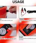 Rogtz 5 Ton Electric Hydraulic Car Jack Kit With Impact Wrench And Tire Inflator Pump showing usage steps for easy operation.