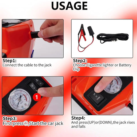 Rogtz 5 Ton Electric Hydraulic Car Jack Kit With Impact Wrench And Tire Inflator Pump showing usage steps for easy operation.