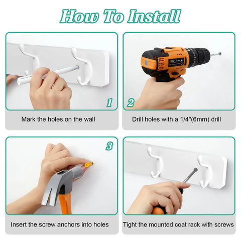 Installation guide for Heavy Duty Wall Mount Coat Rack With Hooks In White For Jackets Hats Sunglasses Scarves Leashes Bags And Towels