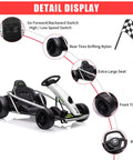 Detail view of Ultra Powerful 24V Kids Go Kart with Dual 300W Motors, showing tires, seat, control switches, and music feature
