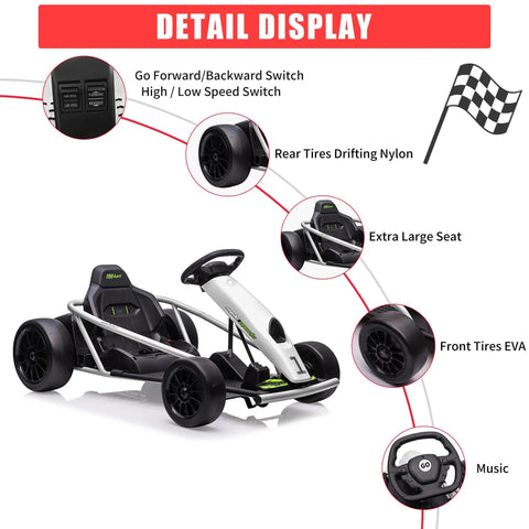 Detail view of Ultra Powerful 24V Kids Go Kart with Dual 300W Motors, showing tires, seat, control switches, and music feature