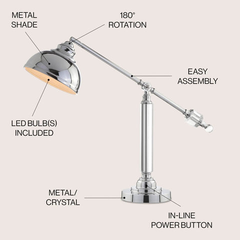 Slick 22-Inch Chrome Metal And Crystal LED Task Lamp With Adjustable Crane Desk Design For Home Office Or Bedroom Nightstand