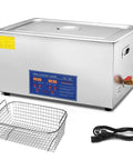 Heavy Duty Stainless Steel Ultrasonic Cleaner With Heat And Digital Timer For Glasses Jewelry Tools And Parts with basket and power cord.