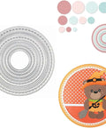 12pc Nesting Round Frame Die Cut Set for Cards and Scrapbooking showing lace circle tag background dies and a bear design example.