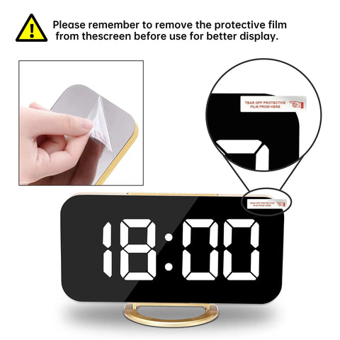 Peeling film from 7 Inch LED Mirror Display Alarm Clock With Dual USB Ports, Auto Dim And Night Mode, sleek gold finish