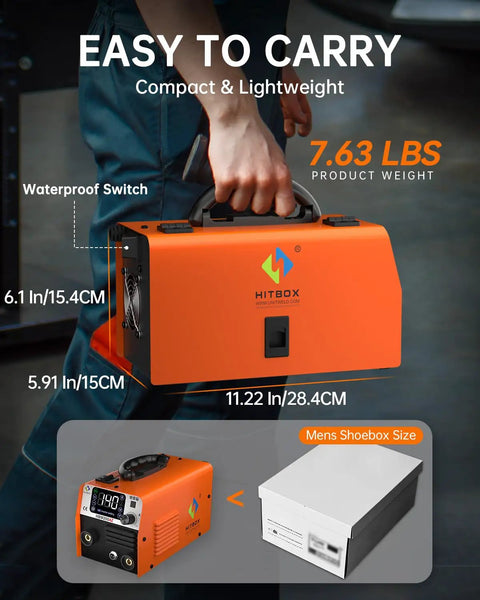 Person holding compact orange 3 In 1 MIG Welder 110V Flux Core TIG Lift Stick Gasless Wire Welding Kit with waterproof switch