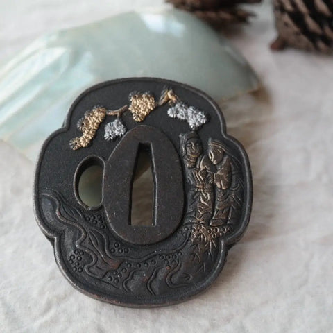 Samurai Sword Koshirae With Tsuba Alloy 081-099 Black Finish Two Girl Motif Tsuba close-up view