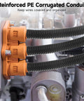Badass Heavy Duty Corrugated Polyethylene Wire Conduit Flexible Black Cable Protector Tubing With Roomy Inner Bore And Sixty Five Foot Roll, showing organized wires in engine.