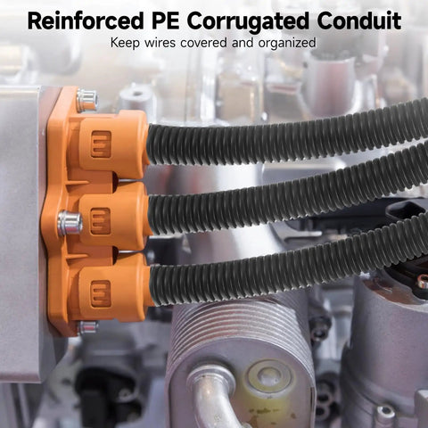 Badass Heavy Duty Corrugated Polyethylene Wire Conduit Flexible Black Cable Protector Tubing With Roomy Inner Bore And Sixty Five Foot Roll, showing organized wires in engine.