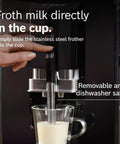 Frothing milk using fully automatic espresso machine with ceramic burr grinder for perfect bean to cup coffee.