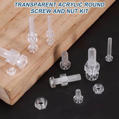 Clear Acrylic Screws And Hex Nuts Kit 40 Piece M6 12mm Phillips Round Head Plastic Bolts on wooden board