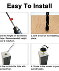 Installation steps for No Sweat Swivel Furniture Leg Levelers, showing drill, hole, nut placement, and leveling process.