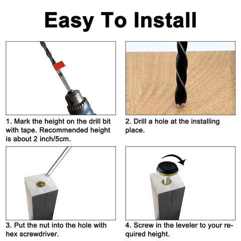 Installation steps for No Sweat Swivel Furniture Leg Levelers, showing drill, hole, nut placement, and leveling process.