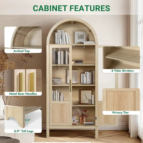 Arched Storage Cabinet With 2 Doors And 5 Tier Shelves 71 Inch Tall Wooden Pantry Organizer For Kitchen Dining Room Living Room And Bathroom Natural Wood Color With Clear Door Panels