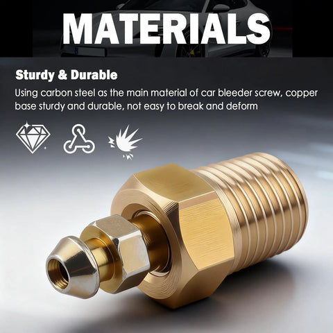 Heavy Duty Four Piece Brake Bleeder Screw Kit With NPT Copper Bases To Pump Back That Pedal Feel And Restore Snappy Stopping Power For Slick Daily Driving Repairs, featuring a durable carbon steel bleeder screw.