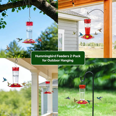 2 Pack 14 Ounce Plastic Hummingbird Feeders With Ant Moat And Bee Guard For Outdoors hanging in various garden locations
