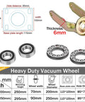 Dimensions and components of heavy duty caster wheels with top plate swivel for furniture and workbenches, showing 6mm thickness.