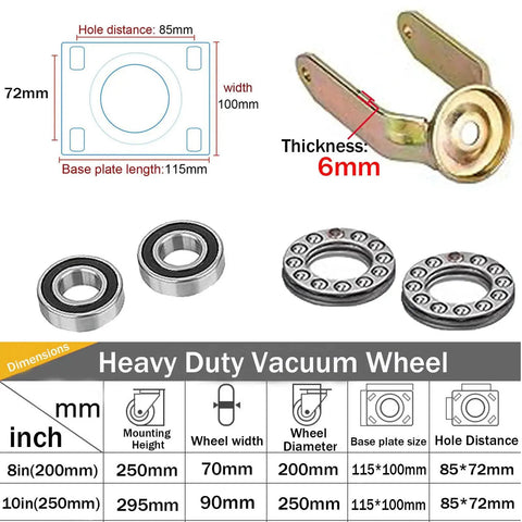 Dimensions and components of heavy duty caster wheels with top plate swivel for furniture and workbenches, showing 6mm thickness.