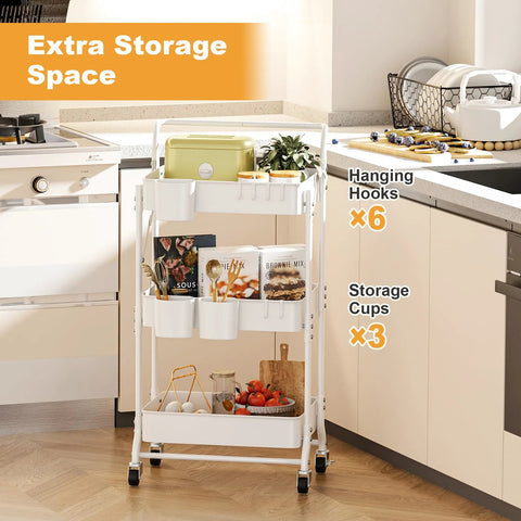 Three-Tier Folding Rolling Utility Cart With Wheels Foldable Storage Organizer With Three Hanging Cups And Six Hooks for kitchen