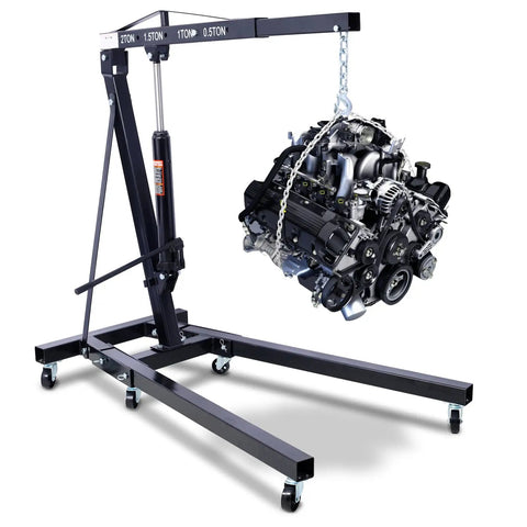 Rock Solid 2 Ton Folding Engine Hoist Cherry Picker Shop Crane lifting a car engine with sturdy steel frame and wheels.