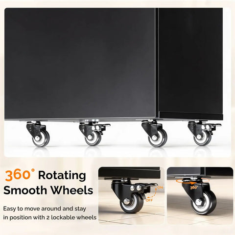 Close-up of rolling salon cart wheels, highlighting 360-degree rotating smooth wheels and lock function. Rolling Salon Cart With Three Tier Design Two Drawers And Adjustable Shelf Hair Dryer Holder Pro Grade Mobile Organizer For Salon Barber Spa Nail And Beauty Tools Black