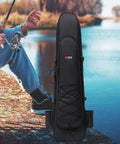 Black long fins bag with zippers by a lake, labeled for scuba gear and snorkel kit, featuring wet dry separation