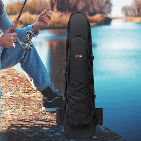 Black long fins bag with zippers by a lake, labeled for scuba gear and snorkel kit, featuring wet dry separation