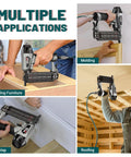 Top Shelf 18 Gauge Brad Nailer Pneumatic Nail Gun Complete Carpenter Kit shown in use for building furniture, molding, shiplap, and roofing.