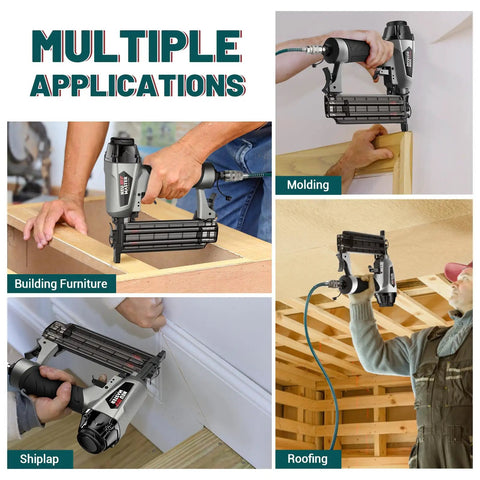 Top Shelf 18 Gauge Brad Nailer Pneumatic Nail Gun Complete Carpenter Kit shown in use for building furniture, molding, shiplap, and roofing.