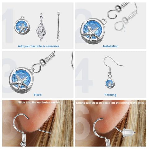 Sterling Silver Earring Hooks Set For DIY Jewelry Making, 60 Pairs, 120 Pieces, with silicone back, installation guide