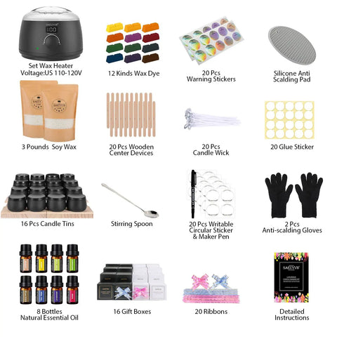 DIY Candle Making Kit For Adults With Hot Plate Complete Soy Wax Starter Set With 500 Ml Wax Warmer 16 Tin Jars overview