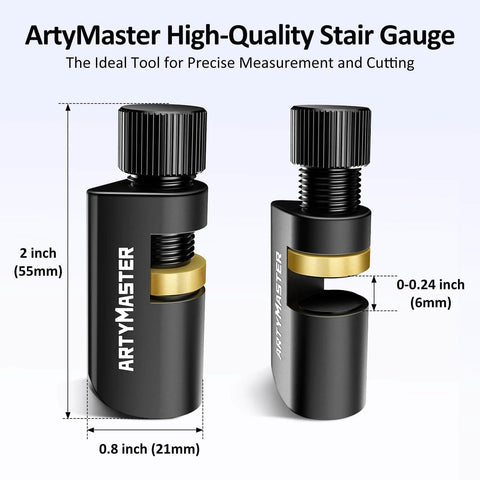 Stair Gauges With Rubber Pad For Framing Square And Circular Saw, black aluminum with anti-slip copper clamps, side view.