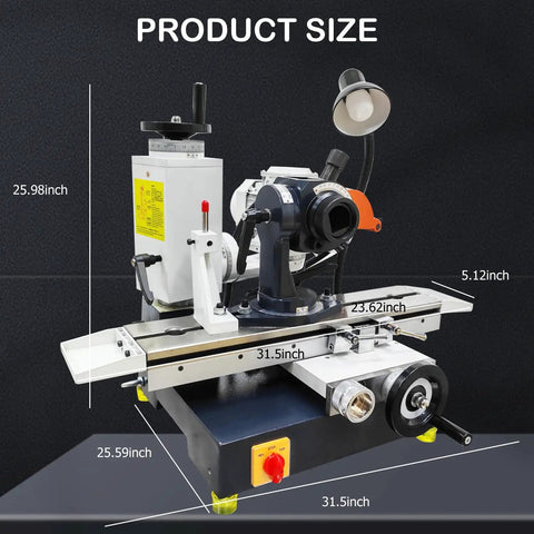 Beefy 220V Universal Tool Grinder Featuring A Snappy 0.55KW Motor with product dimensions labeled for clarity.