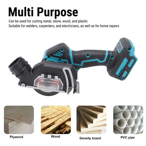 800W Compact Cordless Circular Saw With Brushless Motor, 3-Inch Blade, 19,000 RPM, On-Site Pro-Grade Cutting Tool For Welders And Pros, Cuts Metal Wood Stone Plastic, Lightweight And Efficient, Keeps Worksite Clean, shown with wood and PVC use