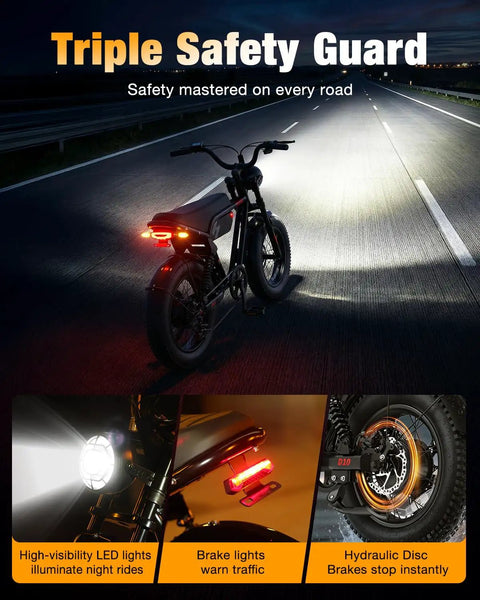 Night view of Beast 1200W Fat Tire Electric Mountain Bike with LED lights and hydraulic disc brakes on road
