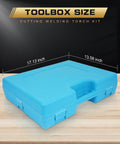 Blue storage case for Acetylene Welding And Cutting Torch Kit For Home Garage Projects, with dimensions labeled.