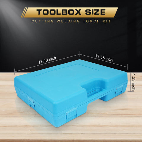 Blue storage case for Acetylene Welding And Cutting Torch Kit For Home Garage Projects, with dimensions labeled.