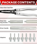 Valve Stem Seal Removal and Installation Kit With Pliers Drive Handle Sockets Adapters for Car Engines DIY Friendly Pro Grade Alloy Steel Tool Set package contents