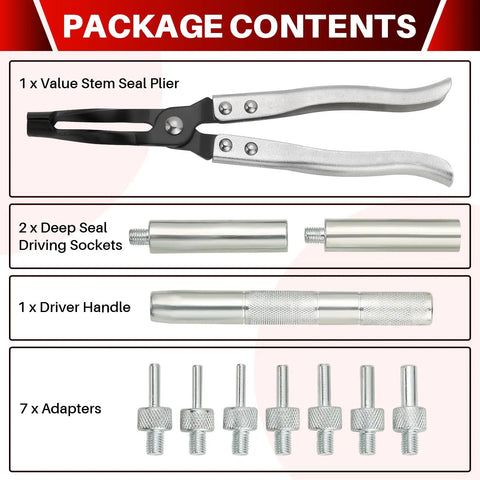 Valve Stem Seal Removal and Installation Kit With Pliers Drive Handle Sockets Adapters for Car Engines DIY Friendly Pro Grade Alloy Steel Tool Set package contents