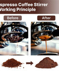 Espresso Distribution Tool With 9 Needles For WDT Stirring in use showing before and after espresso extraction improvement.