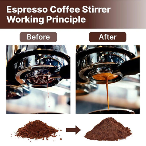Espresso Distribution Tool With 9 Needles For WDT Stirring in use showing before and after espresso extraction improvement.