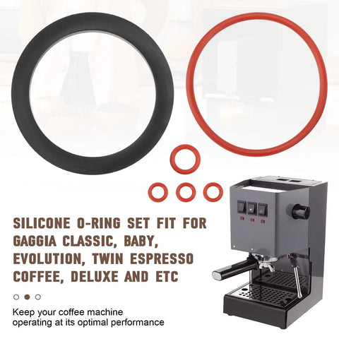 Gasket Repair Kit For Espresso Machines, Silicone O Ring Set With Boiler And Grouphead Gaskets, Replacement Seals For Classic Baby Evolution Twin Espresso Makers, Full Seal Set To Keep Your Brew On Point. Silicone O-rings and espresso machine graphic.