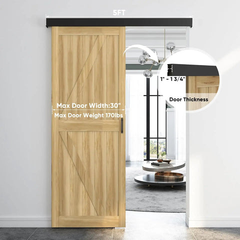 5-Foot Sliding Barn Door Track Kit With Handles, Low Clearance Hardware, Aluminum Box Rail, Black Finish, installed on wood door