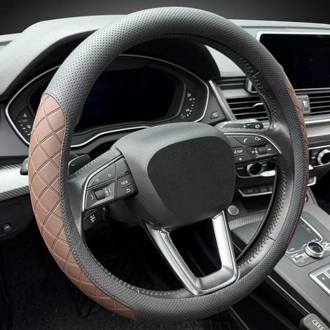 Kick It Up A Notch With Premium Nappa Leather Steering Wheel Cover Boasting Sharp Diamond Quilting For A Grippy Nonslip Feel That Keeps Your Hands Comfy During Every Long Haul Or City Commute In Smooth Black Brown Styling.